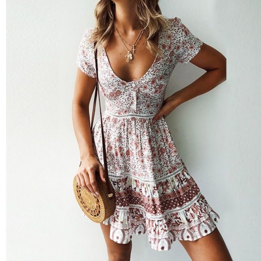 Shareen Collections Australia Floral Boho Mini Dress Pink White Size AUS 8